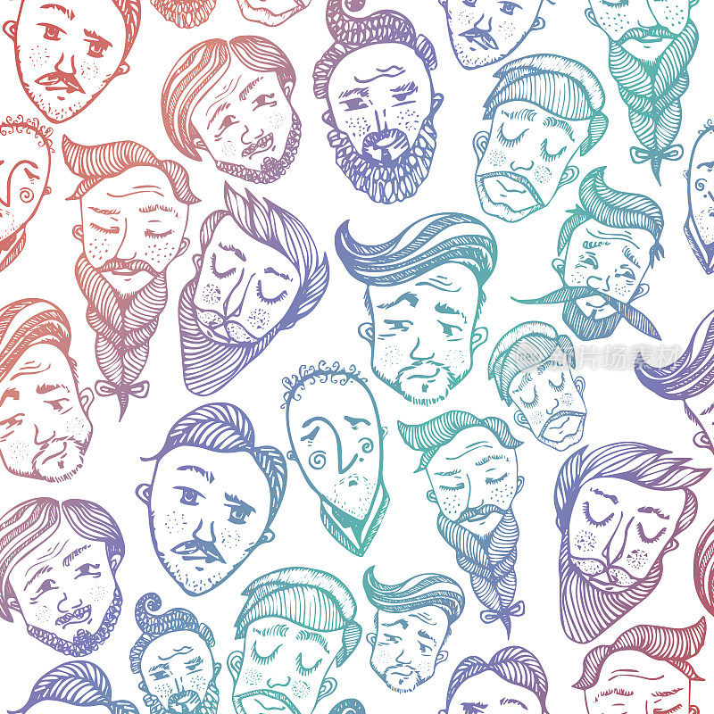 Seamless pattern with heads of cute smiling young and elderly men with various hairstyles. Backdrop with stylish people. Flat cartoon vector illustration for wallpaper, wrapping paper.